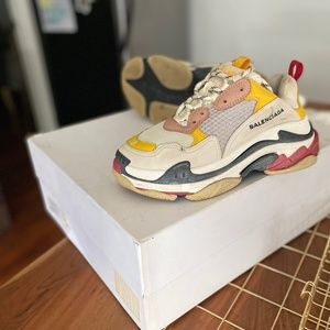 BALENCIAGA Mesh Nubuck Womens Triple S Sneakers 38 White Gris Jaune Rose